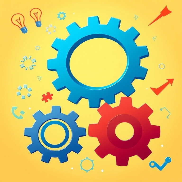 create a vibrant illustration of three interlocking gears in red and blue on a soft yellow background, include icons like a light bulb, wrench, puzzle pieces, and arrows scattered around, use a high-resolution digital camera, set aperture to f/8, shutter speed at 1/200s, ISO 100, with a shallow depth of field for soft background blur.