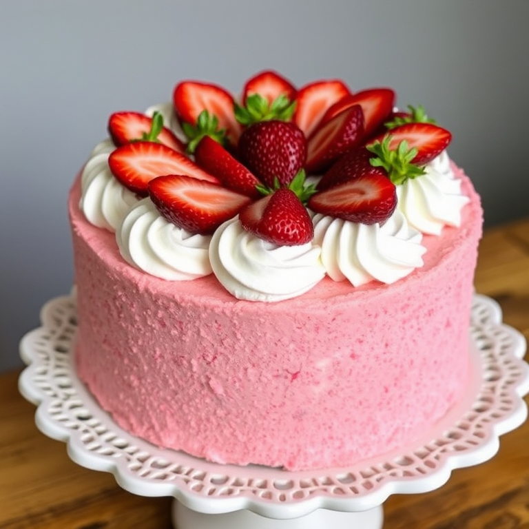 A beautifully decorated cake with a textured pink crumb coating topped with swirls of white frosting and fresh strawberry halves arranged on top, set on a decorative white cake stand.