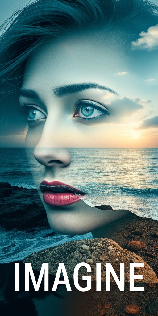 imagine Book cover, A surreal double exposure portrait that blends a woman's face with a beautiful seascape. The overall mood is dreamy and mystical, with rich colors and intricate details