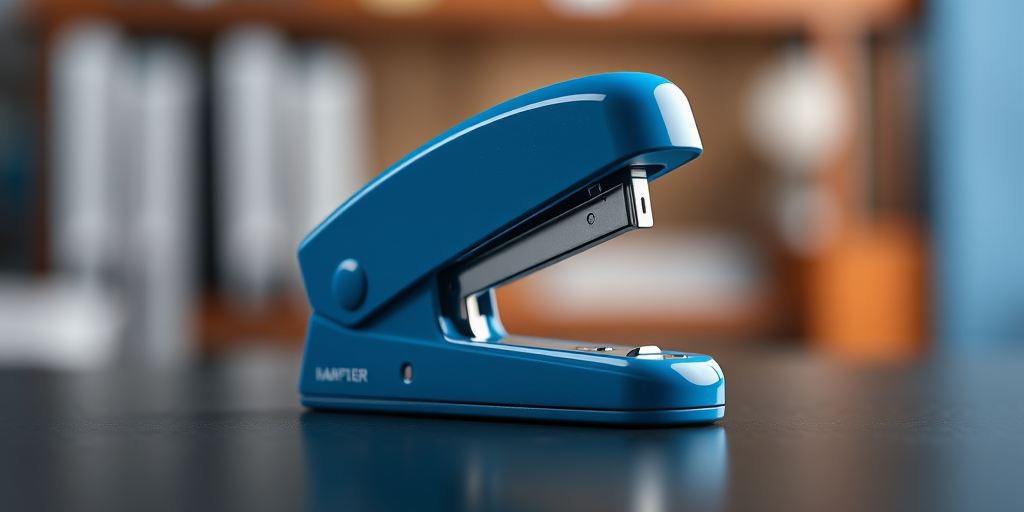 Create a highly detailed 3D illustration of a blue stapler, positioned at a 45-degree angle, with a shallow depth of field, soft studio lighting, and a blurred background to enhance focus on the stapler, using a digital camera with a 50mm lens at f/2.8, ISO 100, and shutter speed 1/160 sec.