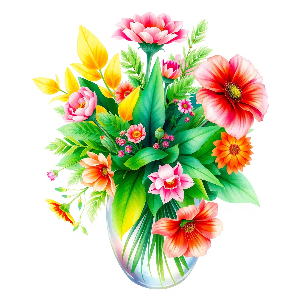 Create a vibrant digital illustration of a flower vase filled with colorful flowers including yellow leaves, pink and orange blooms, and lush green foliage using a high-resolution digital canvas with a 300 DPI setting, in an overhead view, employing a watercolor style, mimicking a Canon EOS R camera type.