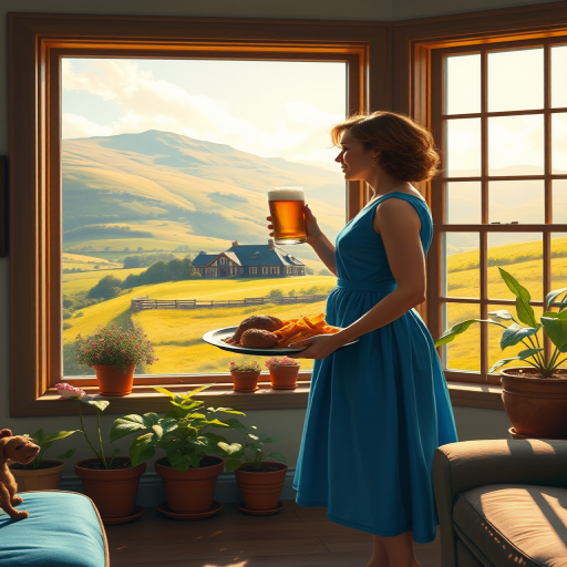 In "A Glass of Beer on the Highland," a serene scene is depicted in a sunlit room where a woman in a vibrant blue dress stands by a large window. She holds a tray with a hearty meal and a frothy glass of beer, embodying a moment of relaxation. Outside, the breathtaking highland landscape features rolling green hills and a charming traditional house, all bathed in warm afternoon light. The interior is adorned with potted plants, creating a harmonious blend of comfort and nature. The painting beautifully captures the tranquility and joy found in simple pleasures amidst stunning scenery