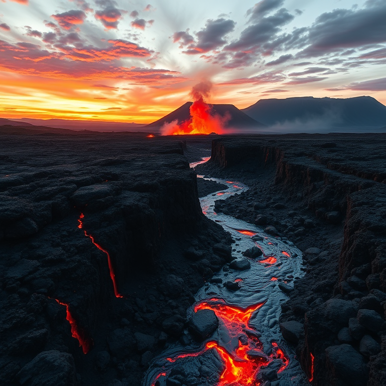 Volcanic eruption landscape at sunset with flowing lava river, shot with a Canon EOS R5, 24mm lens, f/8, ISO 200, 1/250 sec, using a wide-angle perspective and high dynamic range for enhanced detail and color vibrancy.