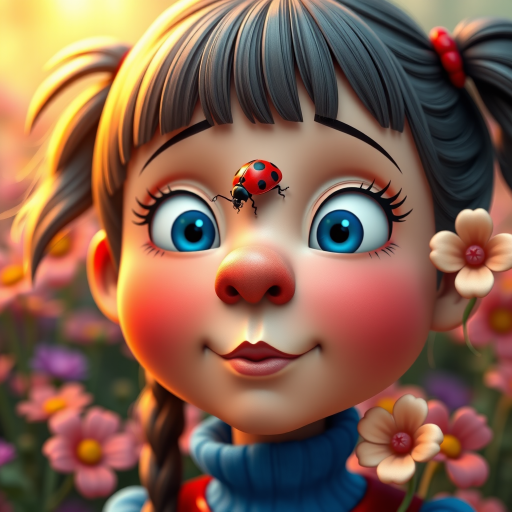 whimsical comical cartoon art Quentin Blake style, closeup portrait view of a cute girl with two ponytails in her hair, an adorable ladybug sits on her nose, funny children’s book illustration with bright colors and flowers in the background