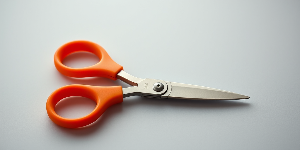 Create a high-resolution image of a pair of orange-handled scissors on a plain background, using a Canon EOS 5D Mark IV camera with a 50mm lens, aperture set to f/2.8, ISO 100, and a shallow depth of field to create a soft background blur.