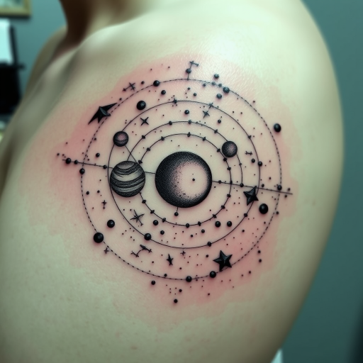 Cosmic dotwork tattoo showcasing a detailed solar system with planets and constellations, gradually fading into the skin to create the illusion of infinite space