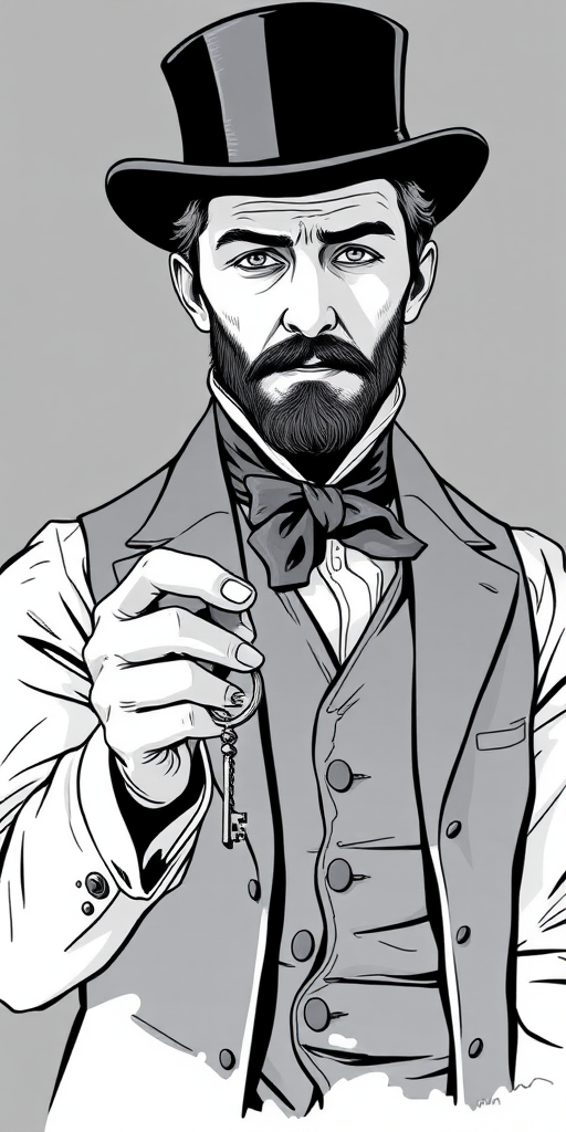 Regenerate the image of a Victorian gentleman holding a key, using a DSLR camera with a 50mm f/1.8 lens, aperture set to f/2.8, ISO 100, soft diffused lighting, portrait view, in black and white illustration style.
