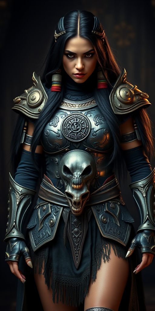 Create a photo of a fierce Native American female warrior with long black hair, wearing an ornate, metallic armor. The armor includes a breastplate with intricate designs, shoulder guards, and gauntlets. The breastplate is decorated with a central emblem, possibly representing a mythical symbol, and has a sculpted, form-fitting design. She wears a belt with a large skull ornament at the center, and her armor extends into a partial skirt, revealing one leg. The overall look is both protective and stylish, with a dark, gothic aesthetic. The background is dimly lit, suggesting a medieval or fantasy setting, enhancing the warrior's imposing presence and intense expression.