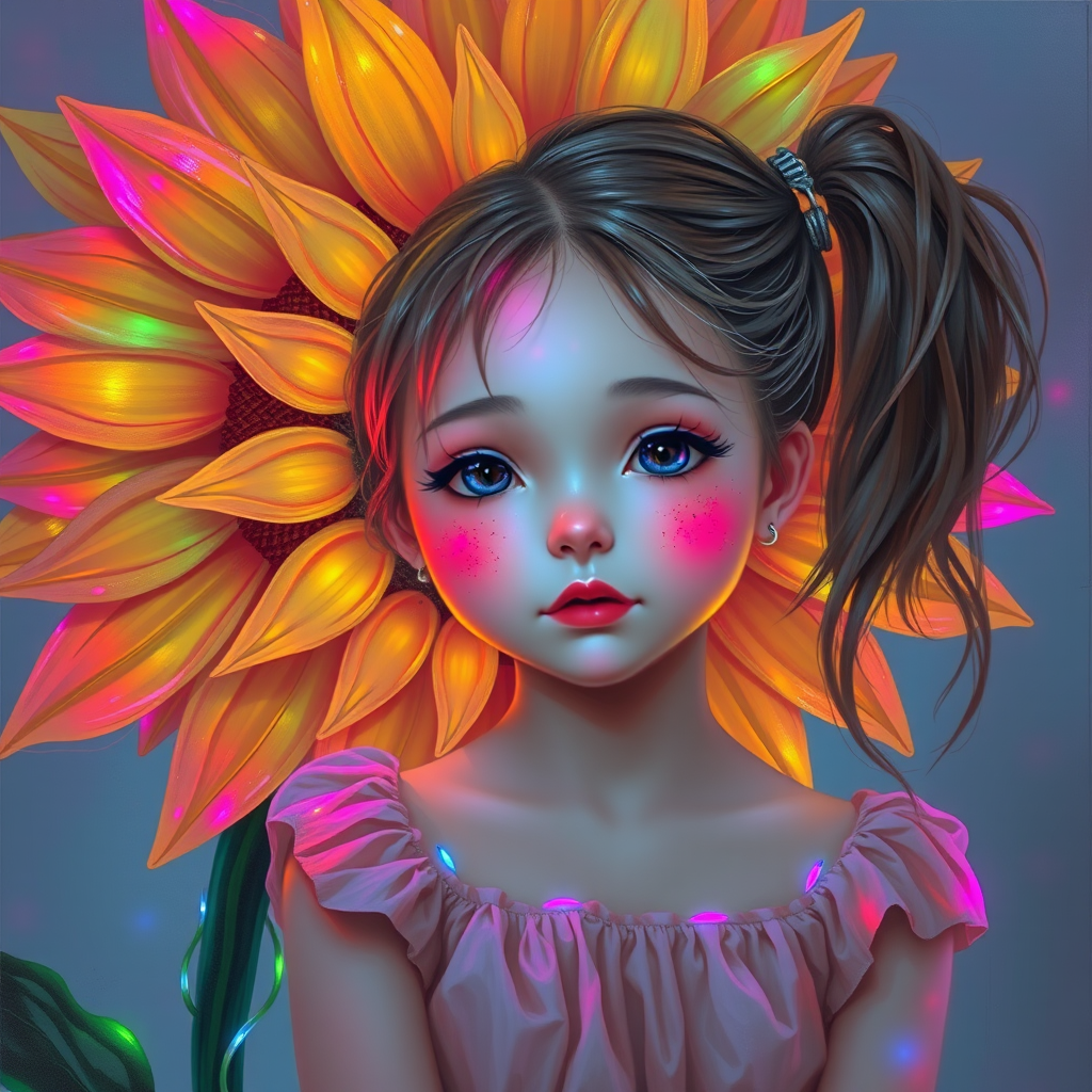 Superfine painterly A pretty girl with pigtails with a giant LED sunflower with multicolored petals that shimmer and shine
