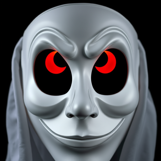 A detailed close-up image of a white theatrical mask characterized by unique features. It has crescent-shaped eyes that emit an ominous glowing red light, coupled with a broad smile that adds to its mysterious charm. The mask has a flat nose which blends naturally into its form. The mask is set against a stark black background, enhancing its striking white color. The eyes of the mask seem to mimic a full eclipse, creating an engaging dichotomy of darkness and light. The mask presents a traditionally masculine archetype with squinted eyes.