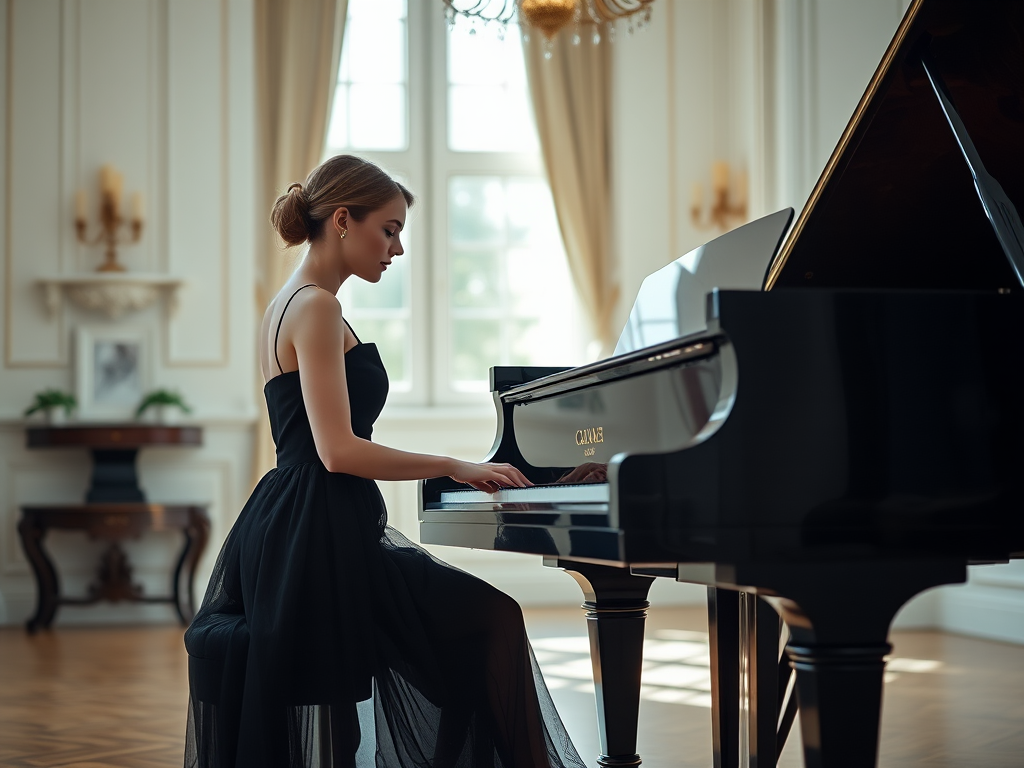 Regenerate an elegant interior scene featuring a woman in a black dress playing a grand piano, captured with a Canon EOS 5D Mark IV, 50mm lens, aperture f/1.8, shutter speed 1/125s, ISO 200, natural light with a focus on the piano and soft depth of field.