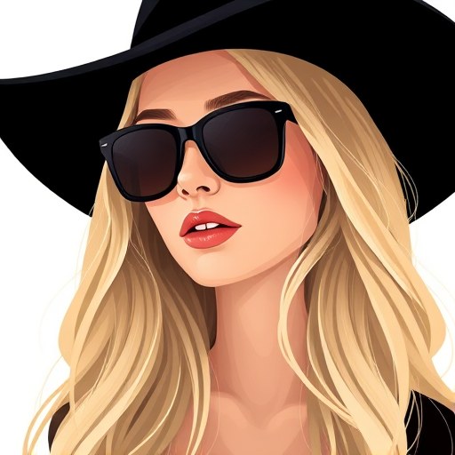 Create an illustration of a woman with long blond hair wearing a black hat and stylish sunglasses, captured in a portrait view with soft light, using a Canon EOS R5, 50mm lens, f/1.8 aperture, ISO 100, and a shallow depth of field to enhance image quality and focus on her expression.