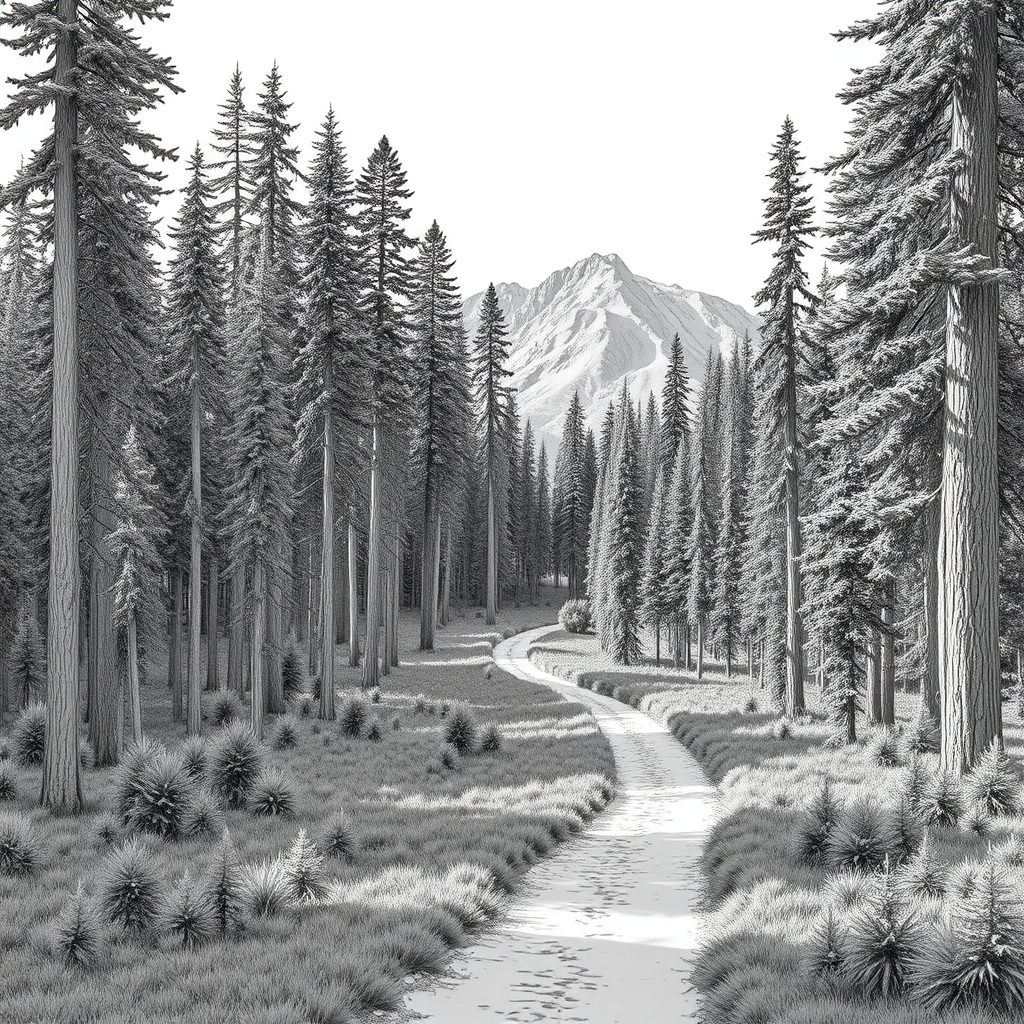 Create a detailed black and white landscape illustration of a winding path through a dense forest with tall trees, mountains in the background, and a clear sky, using a Canon EOS 5D Mark IV with a 24-70mm f/2.8 lens, aperture set to f/8, shutter speed at 1/125s, ISO 100 for crisp detail and clarity.