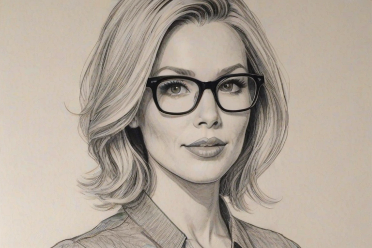 Alluring Desi Lydic, pencil sketch, portrait of Enticing woman 1962s in glasses, hair style beatnik, outline, clear lines, fine lines, 8k