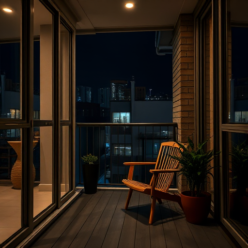 interior of a modern balcony at night with a wooden chair and potted plant, soft lighting, HDR technique, aperture f/2.8, ISO 200, 35mm lens, shot from a low angle, using a DSLR camera