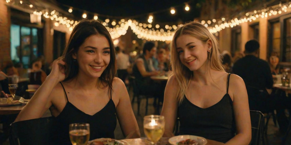 In a candid medium shot taken at an outdoor cafeduring the evening, two young women are seated close together, smiling at the camera amidst a lively social setting. The color palette is composed of warm yellow lights and dark shadows, creating a cozy and intimate atmosphere. The woman on the left has long blonde hair, loosely styled, and wears a black top, while the woman on the right has her dark hair pulled back and wears a black sleeveless top. The lighting is ambient, coming from strings of lights hanging overhead and casting a warm glow over the subjects. There is noticeable grain due to the low-light condition, and some mild motion blur from the other guests moving around in the background, which slightly detracts from the clarity of the image. The setting features lush green foliage above, strings of glowing bulbs, and blurred figures of other patrons, contributing to the bustling, relaxed evening environment