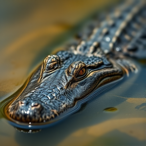capture a close-up of a crocodile partially submerged in water with a shallow depth of field, using a DSLR camera with a 100mm macro lens, aperture f/2.8, ISO 200, shutter speed 1/250 sec, natural lighting to enhance details and textures