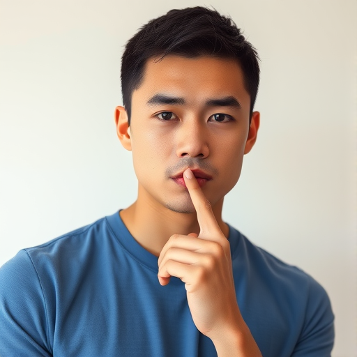 A man with short black hair, wearing a blue t-shirt, in a neutral expression with finger on lips against a plain light background, captured with a DSLR camera at 50mm lens, f/1.8 aperture, ISO 100, natural lighting, shallow depth of field for enhanced focus on the subject.