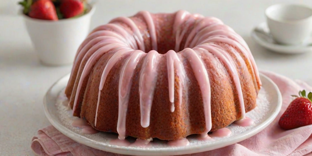 Create an image of a round bundt cake with a pink glaze drizzled on top. The cake should be light pink with a smooth texture, and be dusted with powdered sugar. Place a fresh strawberry beside the cake on a white plate, with a textured cloth underneath. The background should be soft and simple, enhancing the focus on the cake.