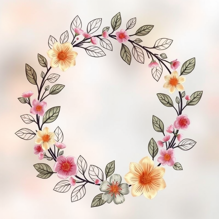 Create a botanical wreath illustration featuring intricate, hand-drawn leaves and flowers in soft pastel colors with a transparent background, captured with a Canon EOS R5 at f/4, ISO 100, using a macro lens for enhanced detail and a soft focus effect.