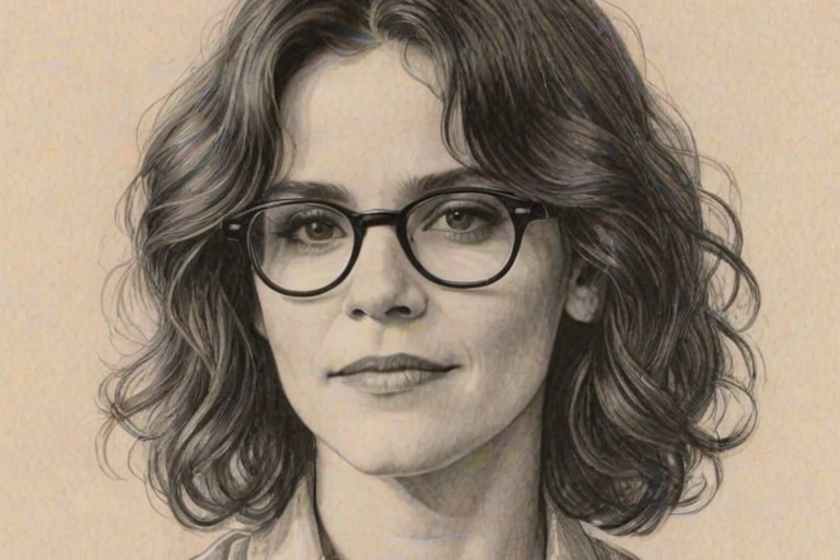 Comely Ally Sheedy, pencil sketch, portrait of Fetching woman 1924s in glasses, hair style beatnik, outline, clear lines, fine lines, 8k
