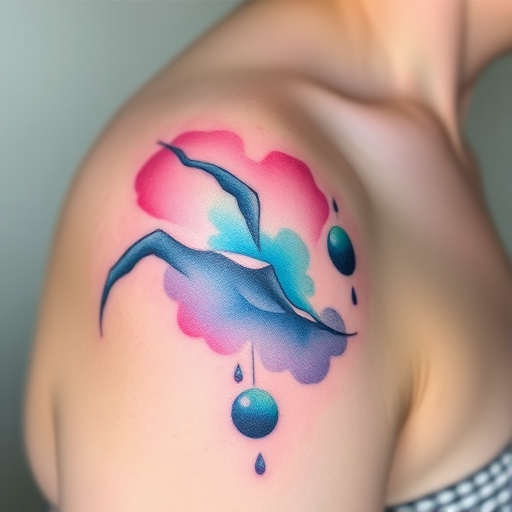 Ethereal watercolor splash tattoo titled "Aurora's Dance" showcasing soft pastel hues blending seamlessly to depict the mesmerizing Northern Lights, capturing the beauty of nature on the shoulder