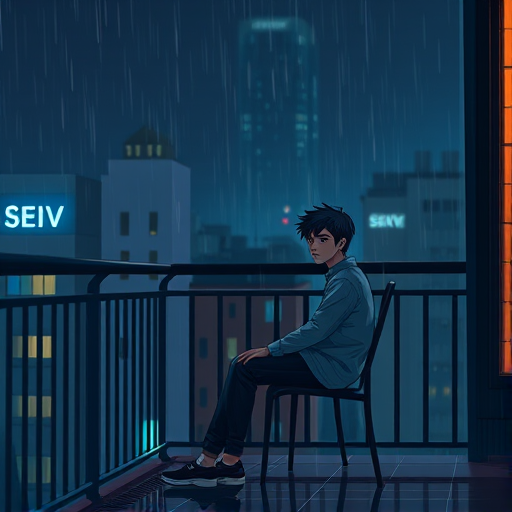Create a digital illustration of a young man sitting on a chair on a balcony at night, with rain falling and soft light illuminating the scene from a nearby window, using a DSLR camera with an aperture of f/2.8, ISO 200, 50mm lens, and a shallow depth of field to enhance the mood and contrast in colors.
