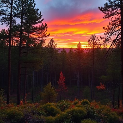 high-resolution image of a serene forest landscape during sunset, vibrant colors, soft lighting, aperture f/2.8, shutter speed 1/250s, ISO 100, wide-angle lens, DSLR camera, landscape orientation