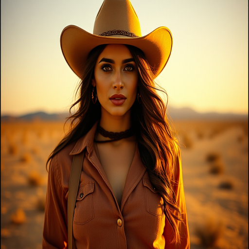 Dramatic photo of a beautiful Persian woman, classic cowboy attire, confident and free spirit expression, half-length portrait, centered, golden hour desert landscape, warm, diffused light, low angle, medium format film camera, in style of Annie Leibovitz.