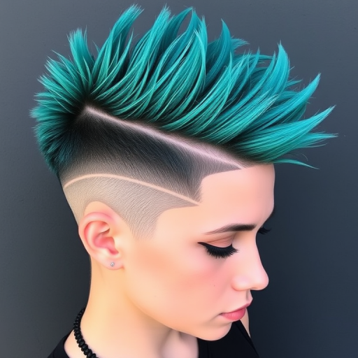 Edgy rebel flaunting a daring undercut pixie with a vibrant teal top section, styled in textured spikes and accented with intricate shaved designs