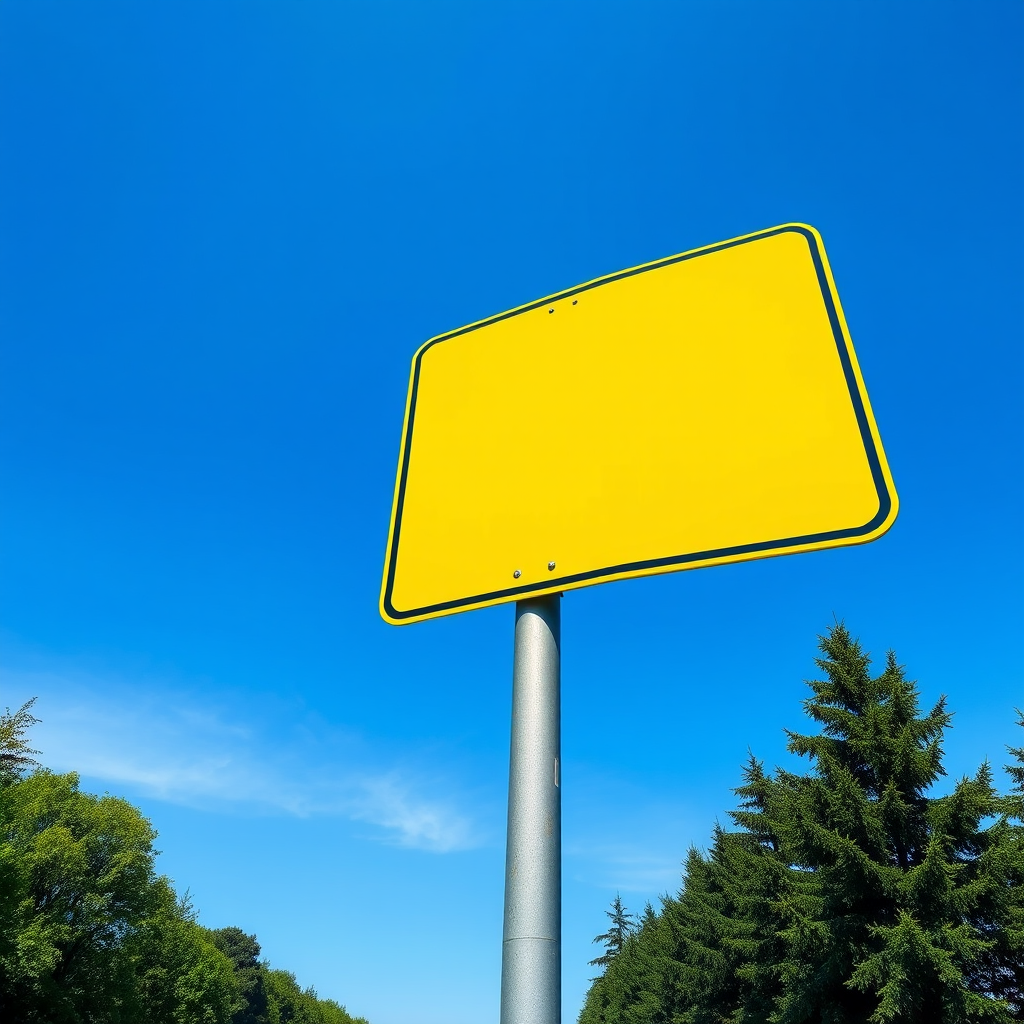 A bright yellow blank road sign against a clear blue sky, shot with a DSLR camera, ISO 100, aperture f/8, shutter speed 1/250s, wide-angle view, capturing vibrant colors and sharp details.