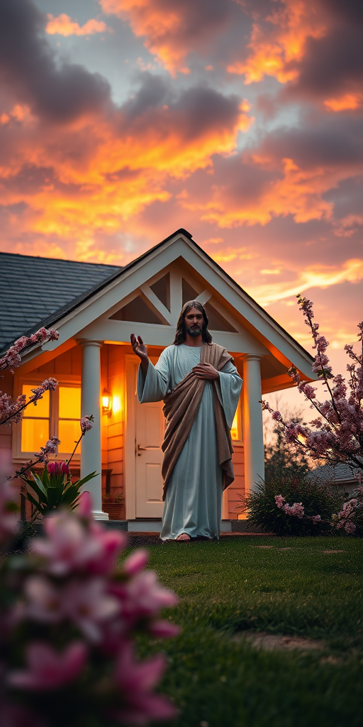Generate an image of a serene scene with a figure resembling Jesus standing outside a warmly lit house, surrounded by blossoming flowers and a dramatic sky, captured in natural lighting with a DSLR camera at f/2.8 aperture, ISO 100, 50mm lens, using a soft focus effect to enhance the ethereal quality.