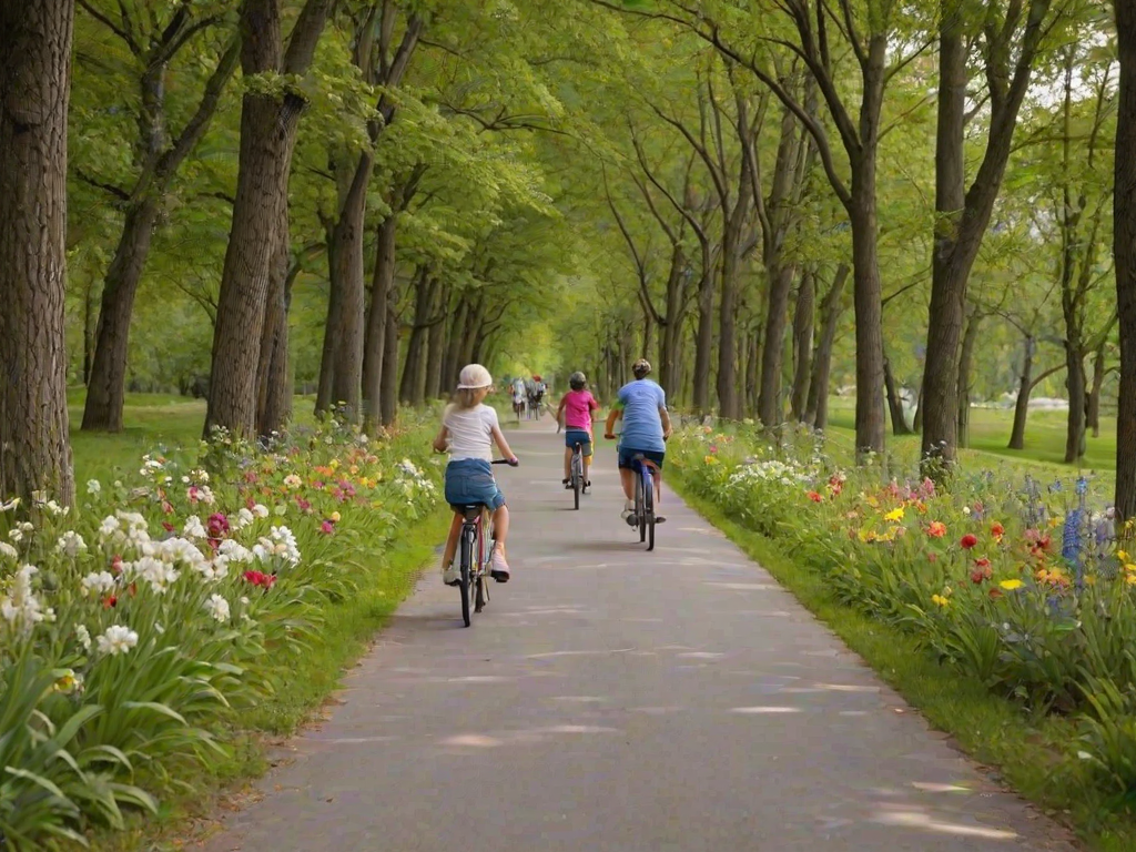 Scenic bicycle path winding through a picturesque park, families riding together, with blooming flowers lining the trail and the sound of laughter filling the air.