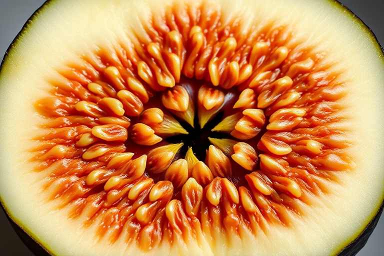 Create a highly detailed illustration of a cut cross-section of a fig, showcasing its intricate seed pattern and fleshy texture, captured with a Canon EOS 5D Mark IV, 50mm lens, f/1.8 aperture, ISO 100, in natural soft lighting for enhanced clarity and depth.