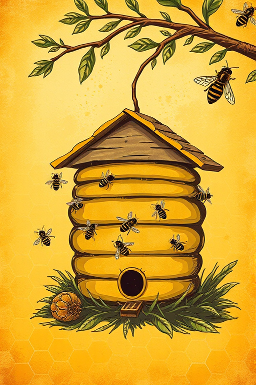 Generate a vintage illustration of a beehive with bees buzzing around it, set against a honeycomb background with a tree branch extending from the top left corner, captured with a DSLR camera at 50mm, f/4 aperture, ISO 100, natural lighting, and a slight vignette effect for emphasis on the subject.