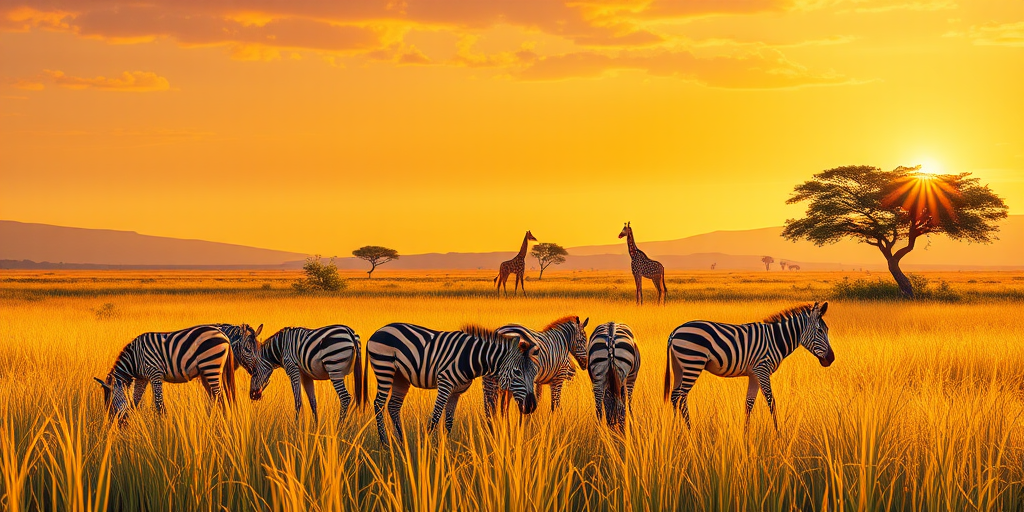 Create a vibrant illustration of a savanna scene with a group of zebras grazing in tall grass, a giraffe in the background, and a couple of trees, using a 50mm lens at f/8, shutter speed 1/200 sec, ISO 100, captured in golden hour lighting with a wide-angle perspective in a digital format.
