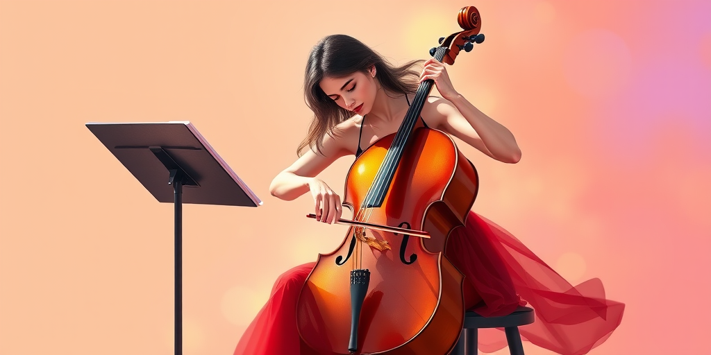 Create a vibrant digital illustration of a woman playing a cello, seated on a stool, wearing a flowing red dress, with a music stand beside her, high-resolution, shot with a digital camera at f/2.8 aperture, 50mm lens, natural lighting, and a soft focus background to enhance the subject.
