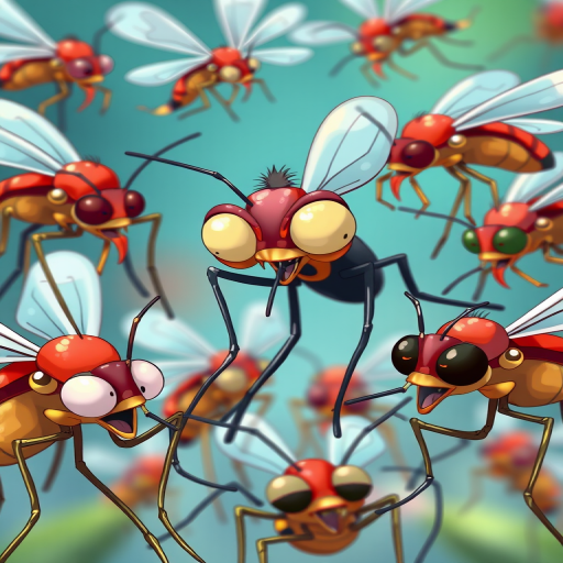 Create a highly detailed illustration of cartoonish mosquitoes with exaggerated features and expressions, focusing on vibrant colors and dynamic poses, using a DSLR camera at f/2.8, ISO 100, 50mm lens, and in high-resolution with a close-up view for enhanced clarity.