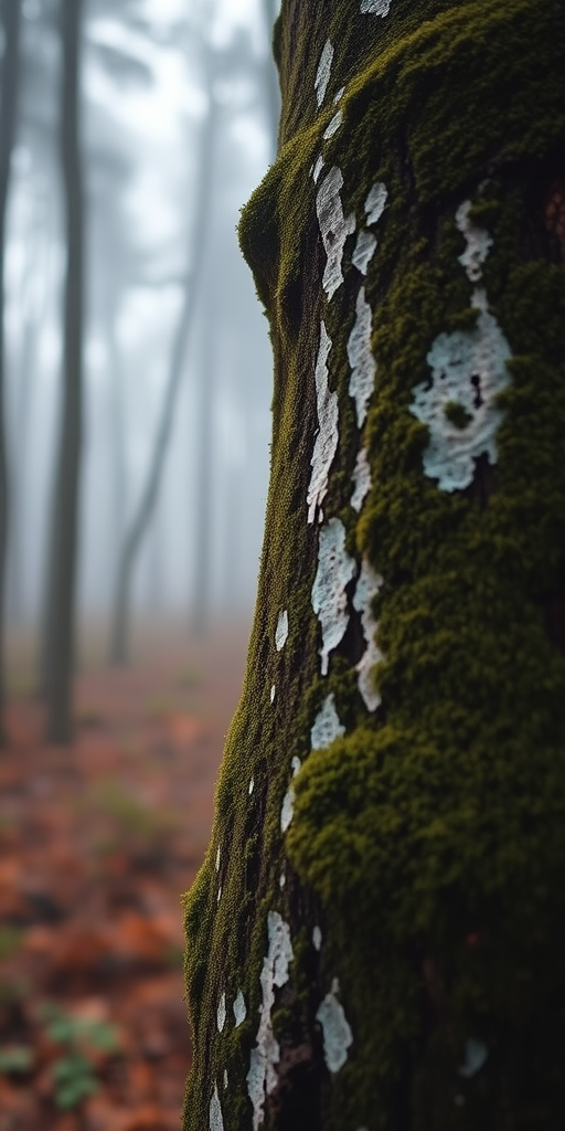 Capture a detailed close-up of a moss-covered tree trunk with white markings in a foggy forest, using a DSLR camera with a 50mm f/1.8 lens, aperture set to f/2.8, ISO 200, and a focal length of 50mm to enhance depth of field and texture.