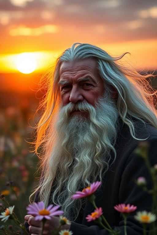 Portrait of a wise old man with a long white beard and flowing hair, surrounded by ethereal flowers and a mystical landscape, golden sunset in the background, shot with a Canon EOS R5, 50mm lens, f/1.8 aperture, 1/125 sec shutter speed, soft focus with vibrant colors and high contrast.