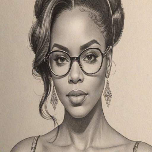 Bewitching Ashanti, pencil sketch, portrait of Enticing woman 1977s in glasses, hair style beatnik, outline, clear lines, fine lines, 8k