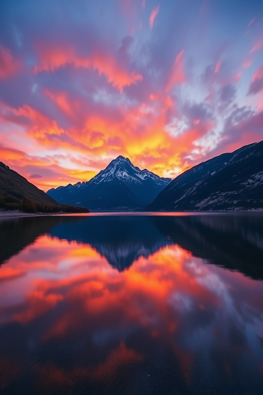 Generate an image of a serene mountain landscape at sunset with rich orange and purple skies reflected in a calm lake foreground, captured with a Canon EOS R5, 24mm f/1.4 lens, ISO 100, aperture f/8, shutter speed 1/125s, in HDR style from a low angle perspective.