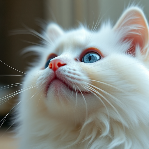 Close-up shot of a fluffy white cat with blue eyes looking upwards, aperture f/2.8, ISO 200, 85mm lens, soft focus background, natural light, DSLR camera.