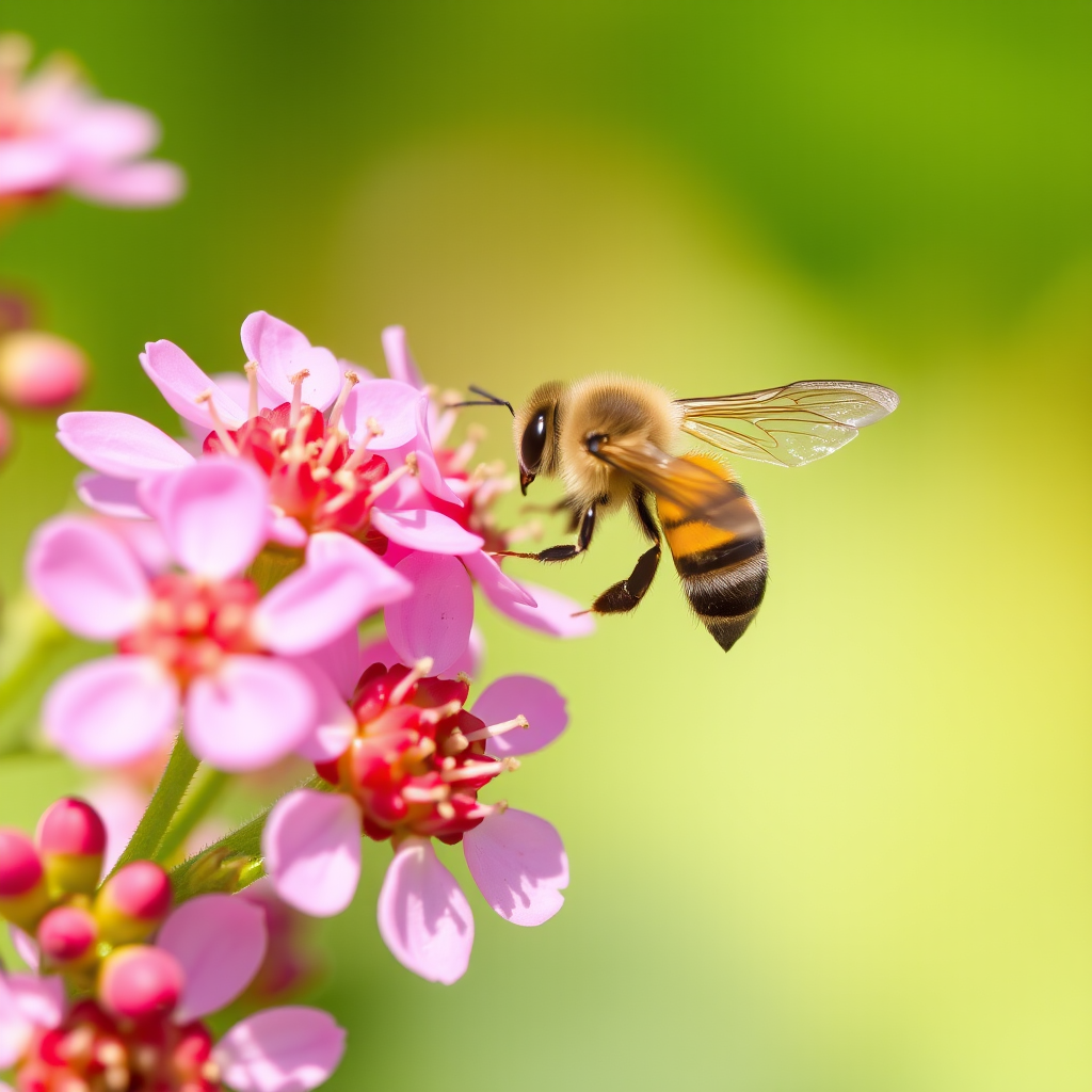 macro shot of a bee hovering above pink flowers with a blurred green background, aperture f/2.8, shutter speed 1/250s, ISO 100, taken with a DSLR camera, 85mm lens, natural light, shallow depth of field