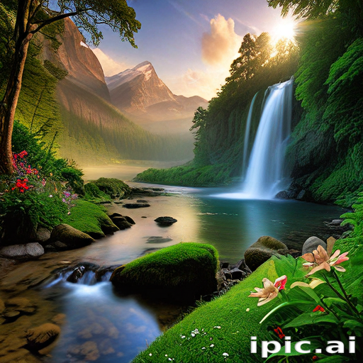Peaceful Scenic Landscape Featuring a Majestic Waterfall and Lush Greenery