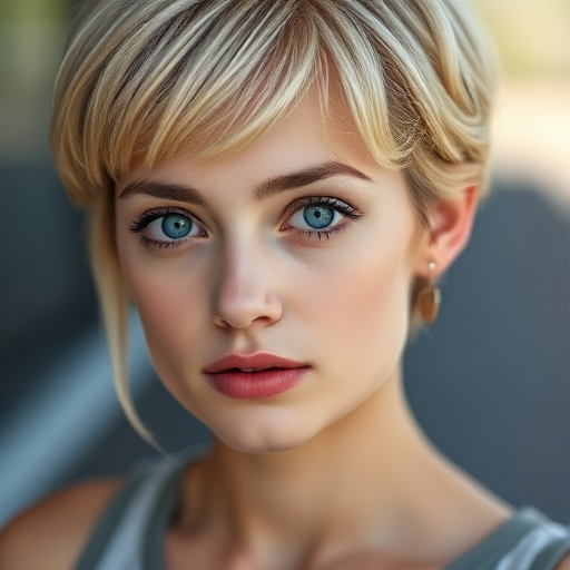 Portrait of a young woman with short blonde hair and striking blue eyes, using a Canon EOS R5 camera, 50mm lens, f/1.8 aperture, ISO 100, shot in natural light, soft focus background for depth, high-resolution detail.