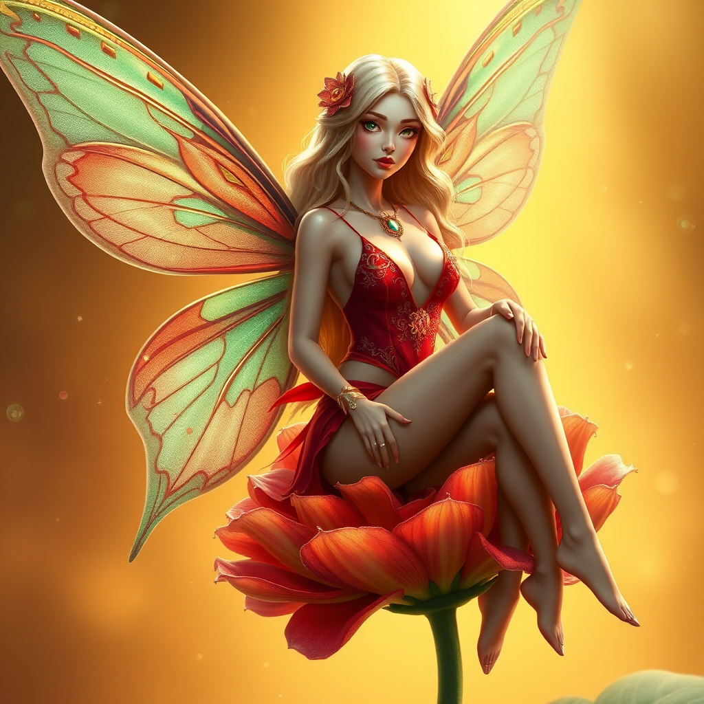 A digital artwork features a winged fairy with delicate Coral butterfly wings, adorned with intricate Meadow andNeon patterns. She is seated on a vibrant Shamrock flower, wearing a revealing red two-piece outfit with sparkling beadwork. Her fair skin, long blonde hair, and gold jewelry add to her ethereal appearance. The background is a warm, golden gradient, creating a magical atmosphere. Small glowing orbs and sparkles surround the flower, enhancing the enchanting, highly detailed, and realistic scene.