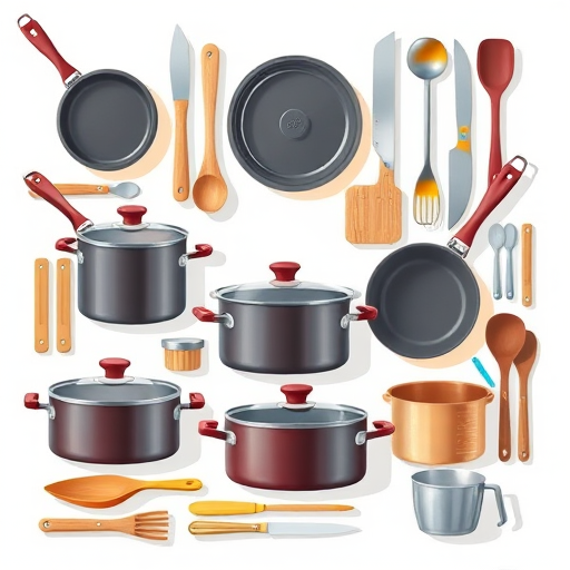 create a high-quality illustration of various kitchen utensils and cookware including pots, pans, knives, spoons, and measuring cups arranged artistically in a flat lay style, using a DSLR camera with a 50mm lens at f/2.8 aperture, ISO 100, and a resolution of 300 DPI for sharp details and vibrant colors