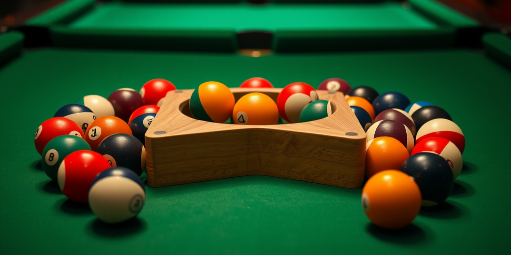 Pool balls arranged around a wooden rack on a green felt table, captured with a Canon EOS 5D Mark IV, 50mm lens, f/2.8 aperture, ISO 100, using soft lighting for enhanced texture and detail.