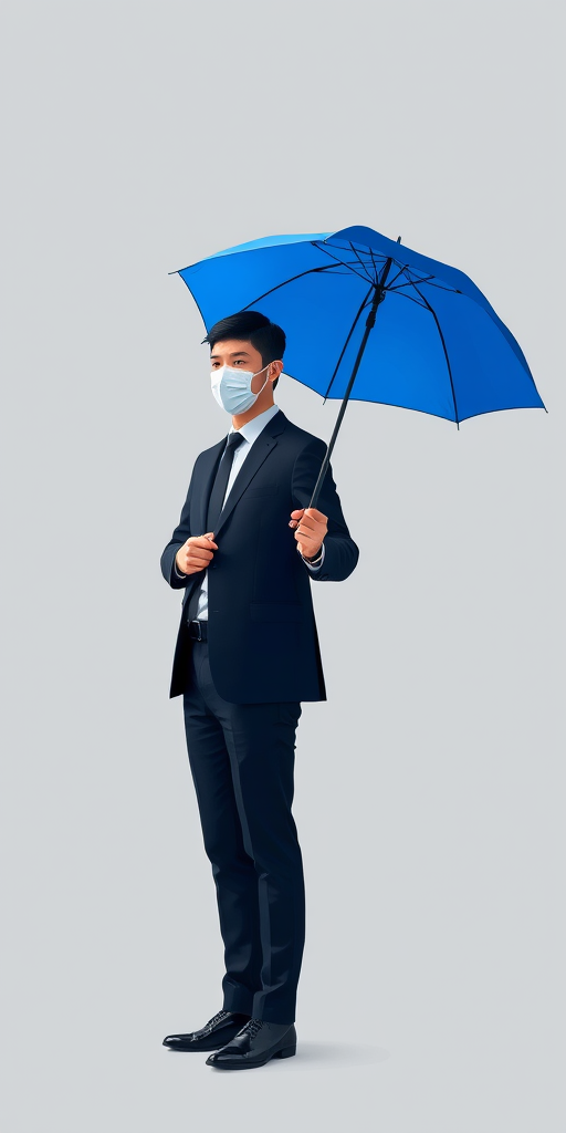 Create a high-resolution digital illustration of a business professional wearing a mask holding a blue umbrella against a solid gray background, using a Canon EOS R5 with an aperture of f/2.8, shutter speed of 1/100s, ISO 200, and a 50mm lens in a clean, minimalist style.